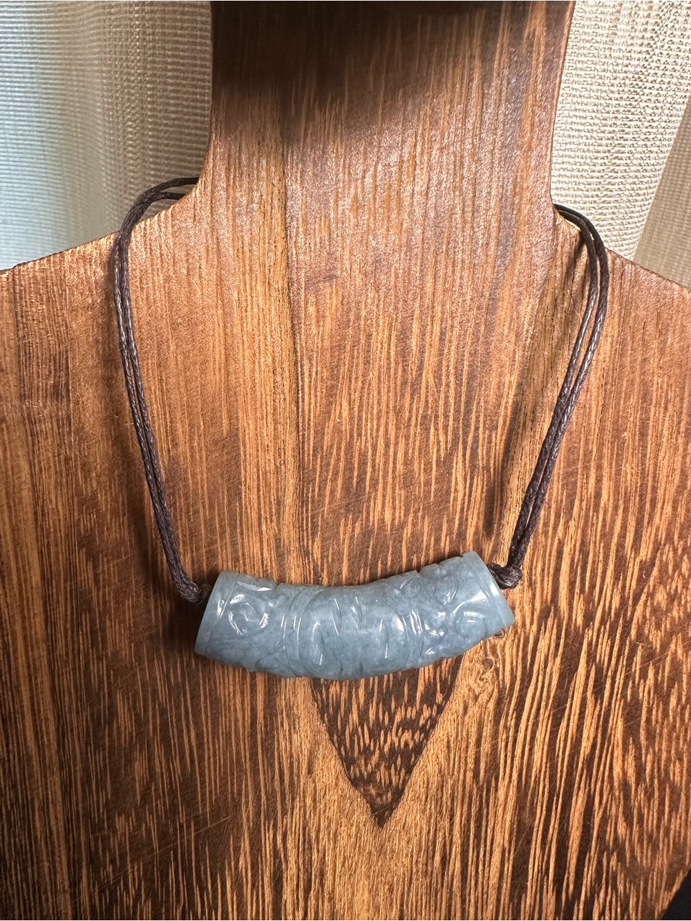 Green Jade Barrel Necklace on Brown Rope - Picture 3 of 16